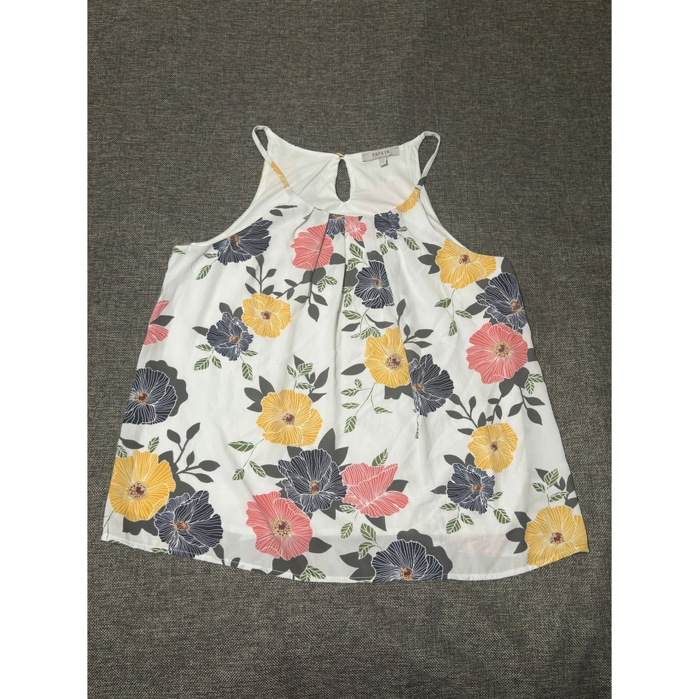 Papaya Women's Large Tank Top Floral Halter Keyhole White‎ Sleeveless